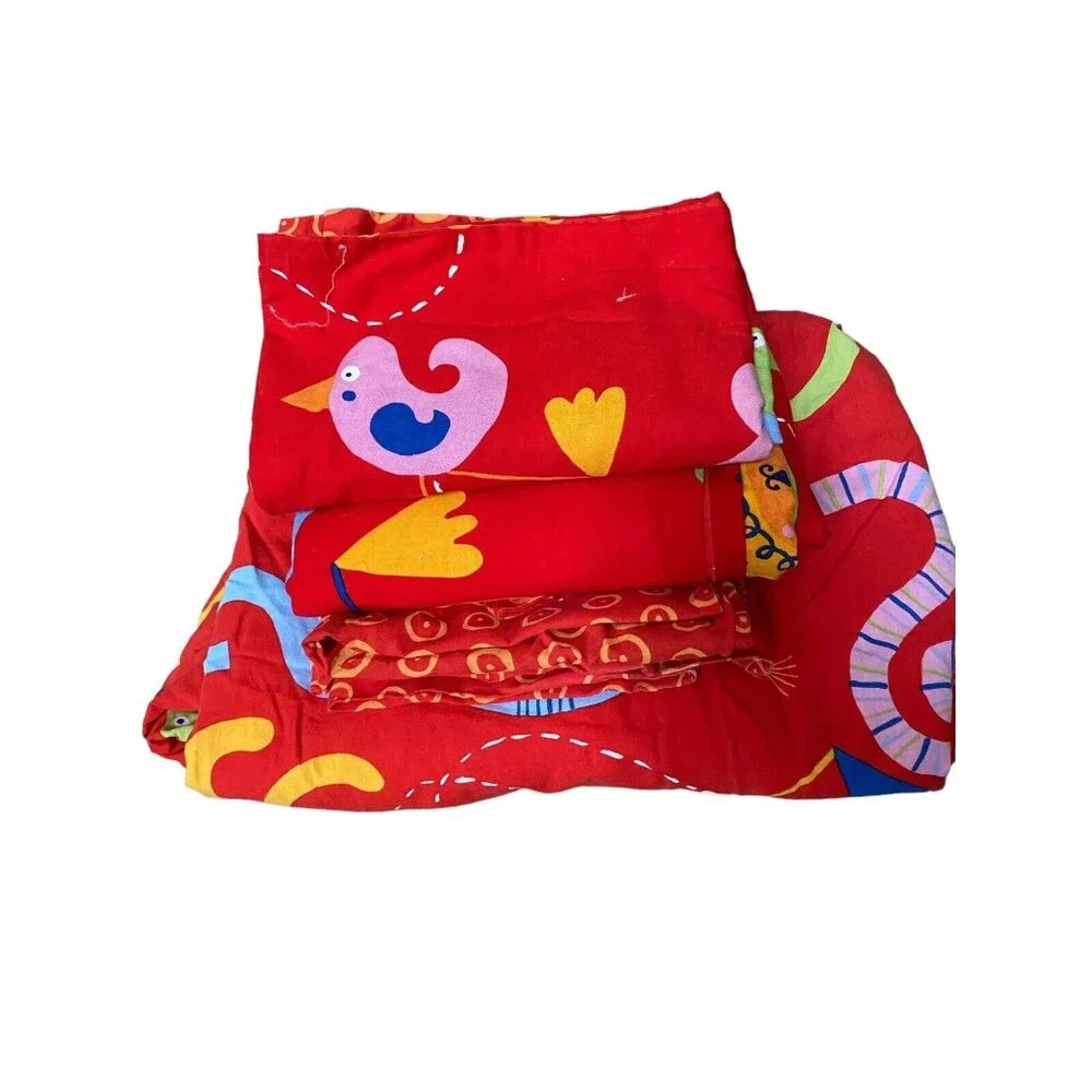 Ikea red duvet curtain drape set zoo animals lion monkey cotton reversible‎ kids
